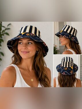 Deborah Rhodes Collection Nautical Bucket Hat Navy White Rope Stripe Sailor